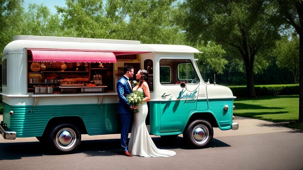 Couple standing in front of a Food truck serving ice cream