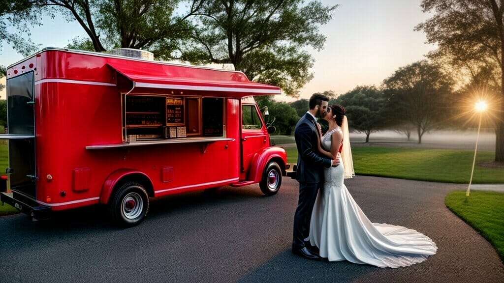 couple kissing in front of a food truck wedding reception